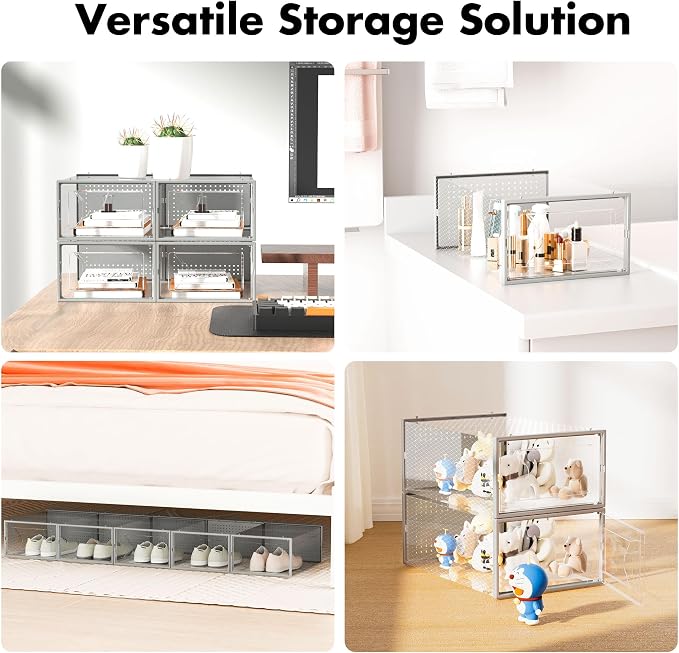 Foluck Shoe Storage Box, 15 Pack Clear Plastic Stackable Organizer for Closet, Interlocking Design Shoes Container Bins for Sneakers, Foldable Shoe Rack with Lids, Grey