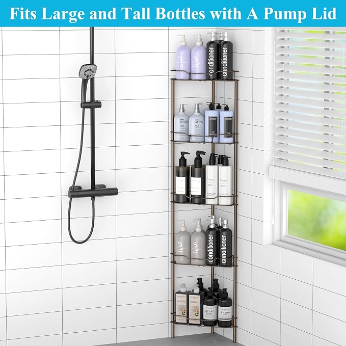HuggieGems 5 Tier Floor Standing Corner Shower Caddy Organizer Shelf with Hooks, Bathroom Shelves Stand Rack, Bronze