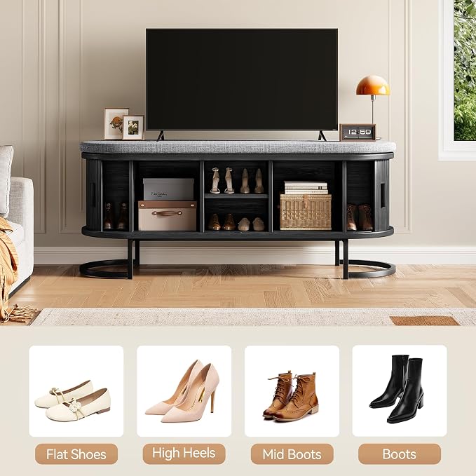 Decofy Storage Bench with Cushion and Sliding Doors, 47.2 Inch Large Entryway Shoe Bench with Sturdy Metal Feet, Multi-Functional for Entrance Hall, Bedroom, Living Room (Black Walnut)