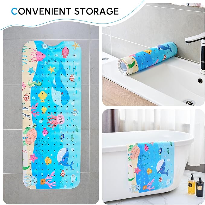 Vannokor Baby Bath Mat for Tub Non Slip Kids, 40 X 16 Inch Extra Long Bathtub Mat with Drain Holes and Suction Cups, Anti Slip Shower Mat Machine Washable, Whale