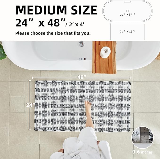 TYUU Waffle Bath Mat, Boho Bathroom Rugs Non Slip Washable Absorbent Checkered Bathroom Mat Quick Dry Farmhouse Bathroom Decor, 48"x24" Black and White