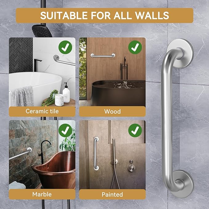 AmazerBath Shower Grab Bars for Seniors Anti Slip, Bath Safety Grab Bar for Needy, Stainless Steel Bathroom Safety Grab Bars, Thickened Bar Bigger Base Holds 500LBS, 16" L x 1.25" D, Brushed Nickel