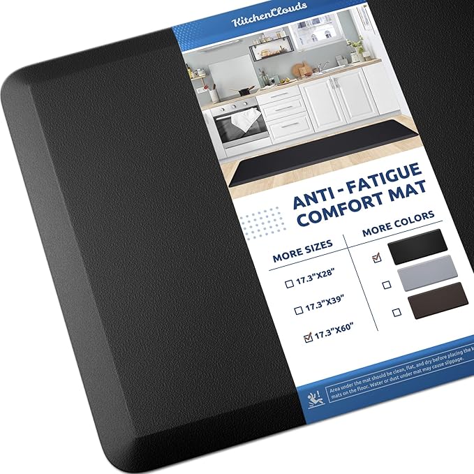 KitchenClouds Kitchen Mat Cushioned Anti Fatigue Rug 17.3"x60" Water Resistant Non Slip Standing Desk Mat Comfort Floor Mats for House Sink Office (Black)