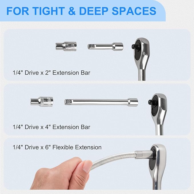 46PCS 1/4 Inches Ratchet Socket Wrench Set, Metric Socket Ratchet Wrenches Set, Ratcheting Wrench Tool Sets for Men, Premium Small Car Tool Kit for Automotive, Household Maintenance and Repairs