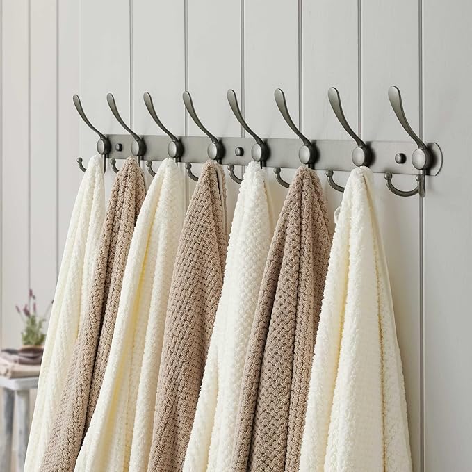 Dseap Coat Rack Wall Mount - 29.5” Long 8-Tri-Hooks Heavy Duty Coat Hanger Rail Wall Hooks for Hanging Coats Hats Clothing Clothes Purse Mudroom Entryway, Gray