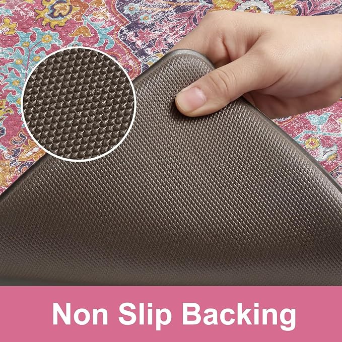 KIMODE Anti Fatigue Kitchen Mat, Cushioned Boho Kitchen Rugs Sets of 2, Non Slip Farmhouse Kitchen Mat for Floor, Waterproof Standing Desk Mat for Laundry, Office, Sink Fuchsia/Multi 17"x59"+17"x29"