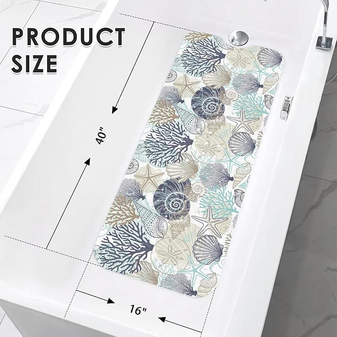 Cute Seashells Sea Shell Bath Mat Non Slip, Ocean Starfish Beach 40X16 Inch Extra Long Bathtub Shower Mat for Tub Anti Slip with Suction Cups and Drain Holes for Kid Adult Elderly