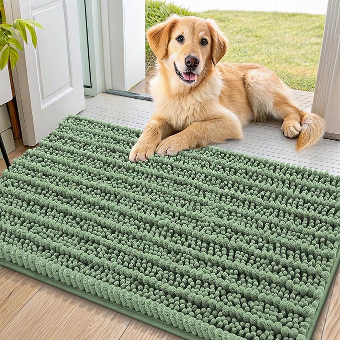 Smiry Dog Door Mat for Muddy Paws 36x24, Absorbent Dirt Trapper, Non-Slip Washable Chenille Entryway Rug for Inside Floor, Olive Green, Layered Pattern
