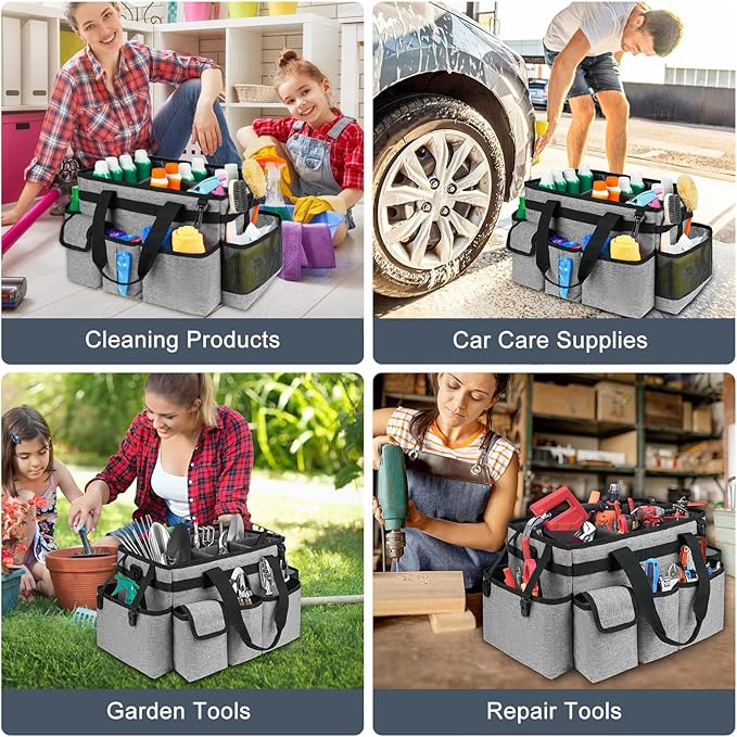 Cleaning Caddy Bag,Large Cleaning Supplies Organizer with Handle for Housekeepers,Gray