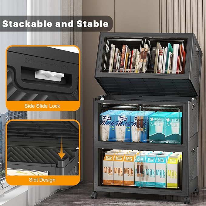 UAMFURI Stackable Storage Bins with Lids, Closet Organizers and Storage with Doors and Wheels, Extra Large Storage Cabinet for Bedroom Office Garage (Dark-55qt, 3Pack with 1 top lid)