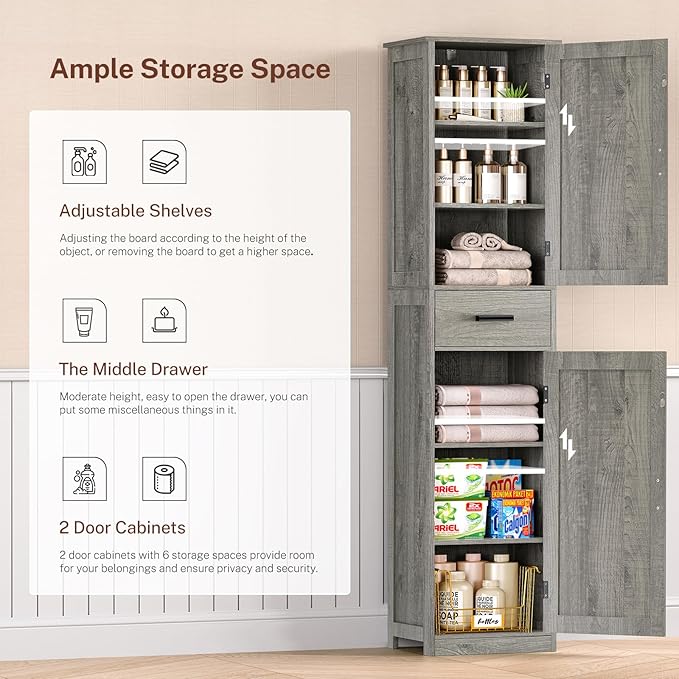 TEENFON Tall Bathroom Cabinet, Storage Cabinet with 6 Shelves & Drawer, Bathroom Storage Cabinet with Adjustable Shelves, Tall Cabinet for Living Room, Home Office, Grey