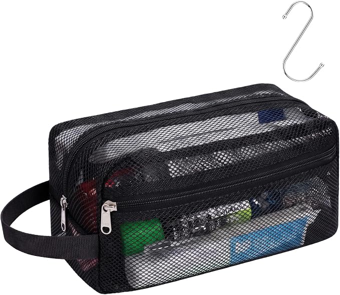 F-color Mesh Shower Caddy Portable with Zipper - 2 Pockets Small Shower Bag Tote for Camping, Gym, Travel, Toiletry, Quick Dry Bathroom Essentials with S Hook, Black