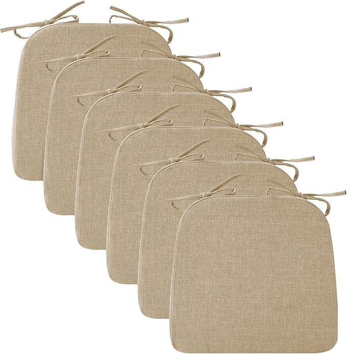 Ruqmuis Chair Cushions for Dining Chairs, 2" Thick Seat Cushions for Kitchen Chairs, D-Shaped Chair Pads with Washable Cover, Ties and Non Slip Backing, 17'' x 16'', Set of 6, Khaki