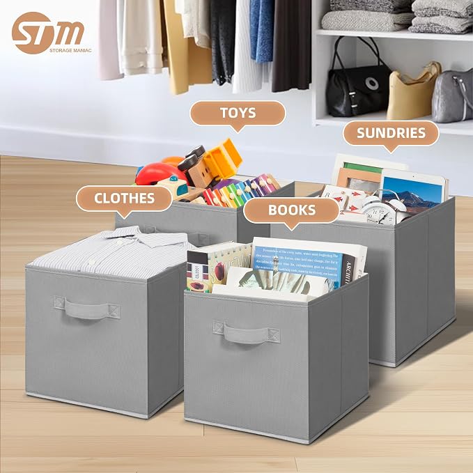 STORAGE MANIAC Storage Cubes, 11 Inch Collapsible Storage Bins with Handles, 4 Pack Fabric Foldable Bins for Organization, Durable Storage Bins for Closet, Shelves, Offices, 4-Pack Grey
