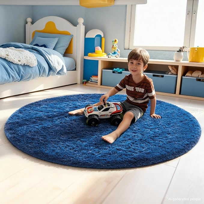 Ophanie Round Rug 5Ft Blue Circle Area Rug, Boys Room Decor, Fluffy Fuzzy Bedroom Carpet, Plush Soft Shaggy Living Room Rugs for Kids Home Aesthetic, Nursery