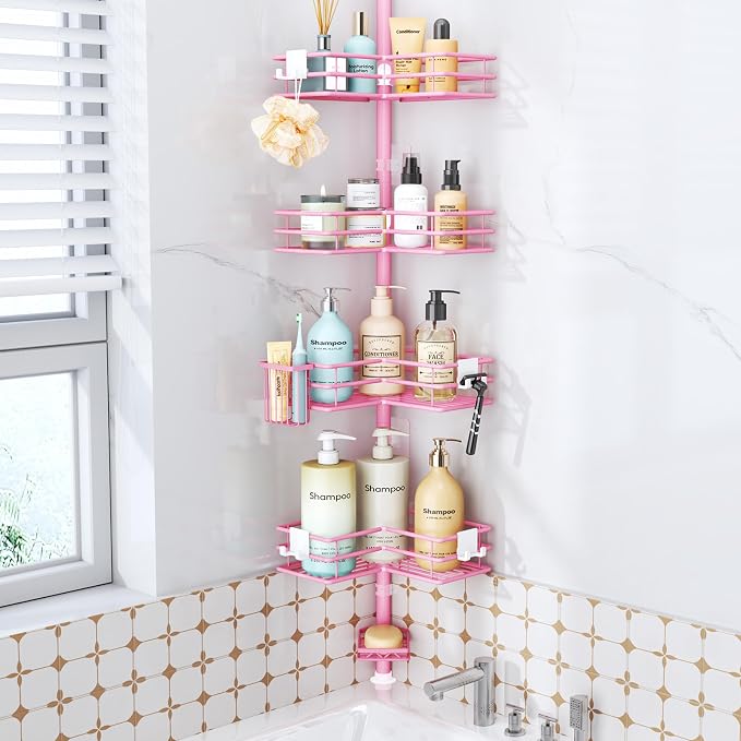 HapiRm Corner Shower Caddy Organizer - Shower Organizer Corner with Soap Holder, Toothbrush Holder and 4 Hooks, Rustproof Bathroom Shelf Tension Pole Available for 27.6 to 108.3 Inch - Pink