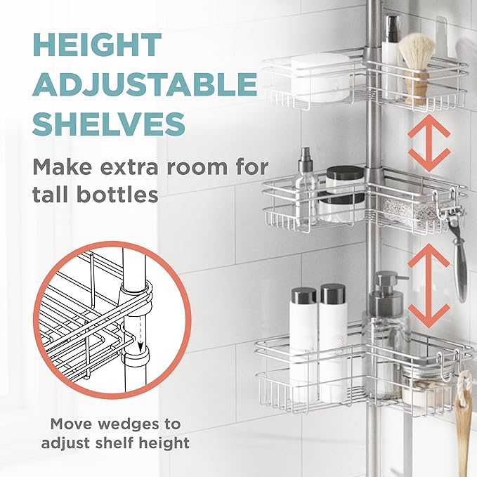 Zenna Home Tension Pole Shower Caddy Corner Organizer, Adjustable Standing Shower Caddy with 4 L-shaped Baskets and Hooks, Rust Resistant Bathroom Tension Rod Organizer, 60 to 97 Inch, Satin Nickel
