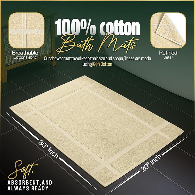 Pearl Linens Pack of 2 100% Cotton Bath Mat 20x30 inches, Soft & Absorbent Quick Dry Bathroom Mat Set, Not Bathroom Rugs, After Shower Mat, Bath Tub Mat, 687 GSM, Machine Washable, Beige