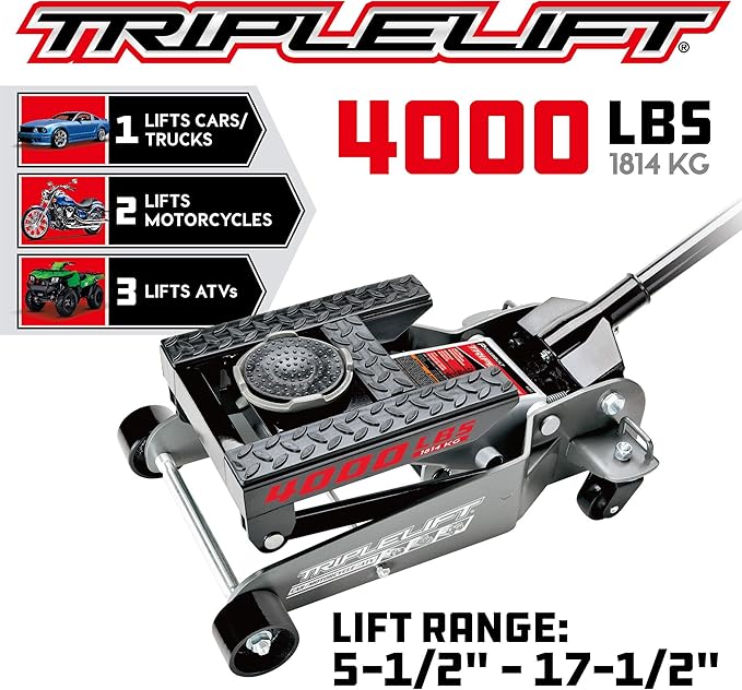Powerbuilt 2 Ton Triple Lift Floor Jack, Works on Cars, Trucks, Motorcycles, ATV's, Transmissions, 4-3/4 to 17 in. Range, Wide and Stable, Locking Safety Bar - 620422E