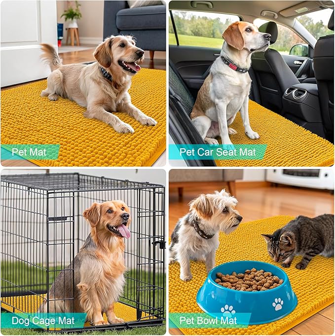 OLANLY Dog Door Mat for Muddy Paws 70x35, Absorbs Moisture and Dirt, Absorbent Non-Slip Washable Doormat, Quick Dry Chenille Mud Mat, Entry Indoor Entryway Carpet for Inside Floor, Golden Yellow