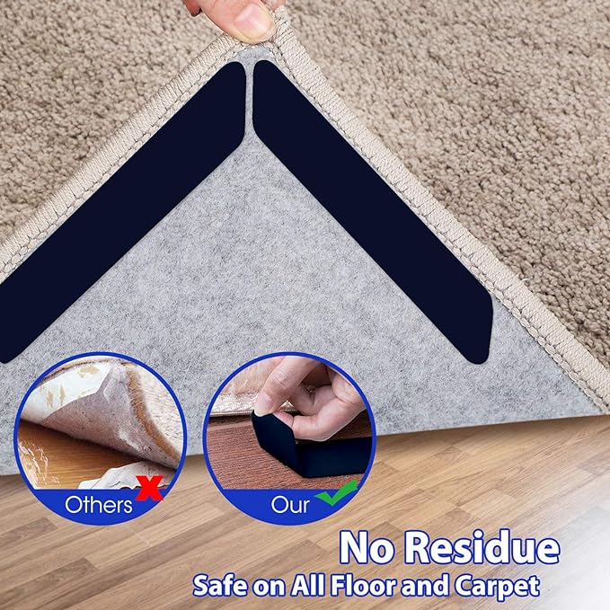 16 Pcs Rug Tape, Dual Sided Washable Removable Prevent Curling Rug Corner Holder, Keep Rug in Place Non Slip Adhesive Rug Stopper for Hardwood Floors and Tile