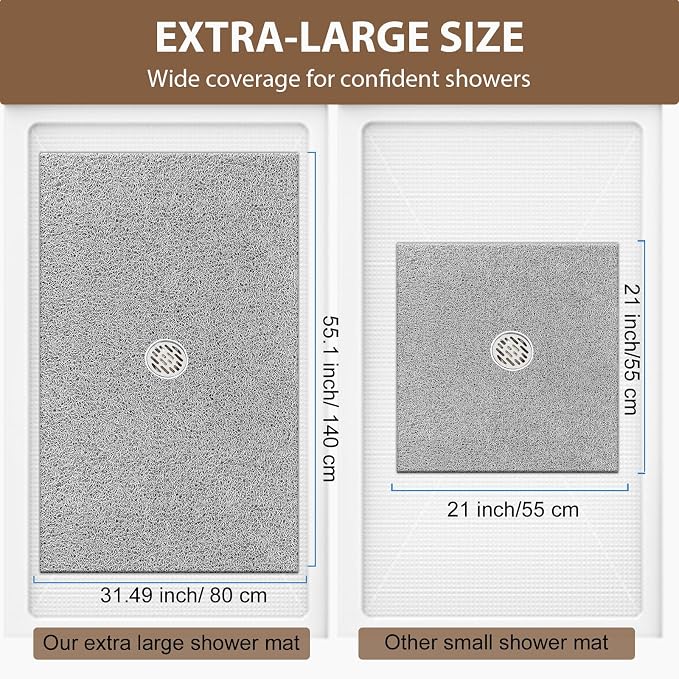 Extra Large Non Slip Shower Mat: 55x31.5 inch Loofah Shower Mat for Inside Shower with Drain Hole in Middle, Soft PVC Anti-Slip Shower Stall Mats for Bathroom,Wet Area, Quick Drying