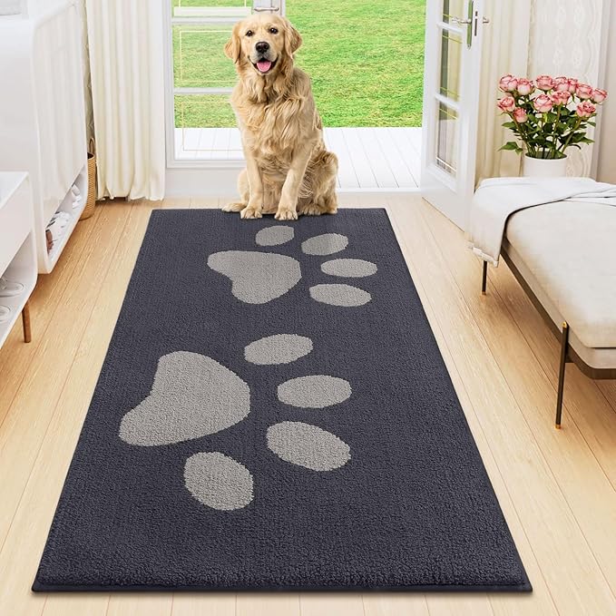Smiry Dog Door Mat for Muddy Paws, Absorbs Moisture and Dirt, Low-Profile Entryway Mat with Non-Slip Backing, Entry Indoor Outdoor Doormat for Inside Floor (47x20 Inches, Dark Grey, Paw)