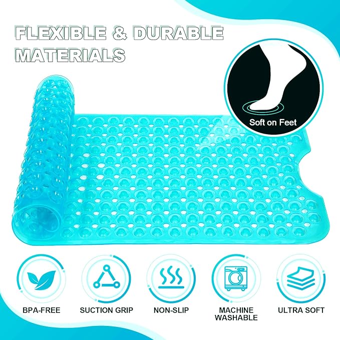 Bathtub and Shower Mats, 40x16 Inch Extra Large Non Slip Soft Bath Tub Mat with Suction Cups and Drain Holes for Bathroom Floor and Keep Tubs Clean, Machine Washable, Clear Turquoise