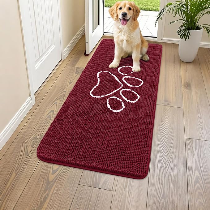 Smiry Dog Door Mat for Muddy Paws, Absorbent Dirt Trapper Non Slip Quick Dry Washable Chenille Mat for Mud Dogs, Entry Rug for Indoor and Outdoor (47x24 Inches, Burgundy and White)