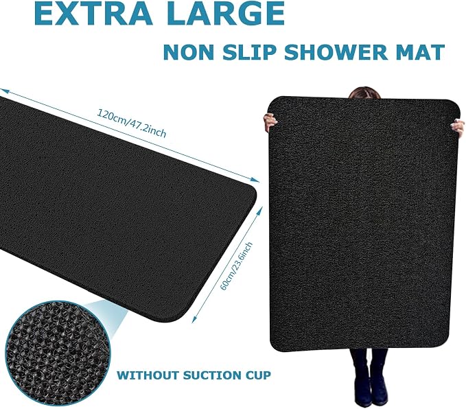 godehone Shower Mats Non Slip Without Suction Cups, PVC Loofah Bathroom Mats, Loofah Mats for Shower and Bathroom, Quick Drying, 23.6× 47.2 Inch, Black