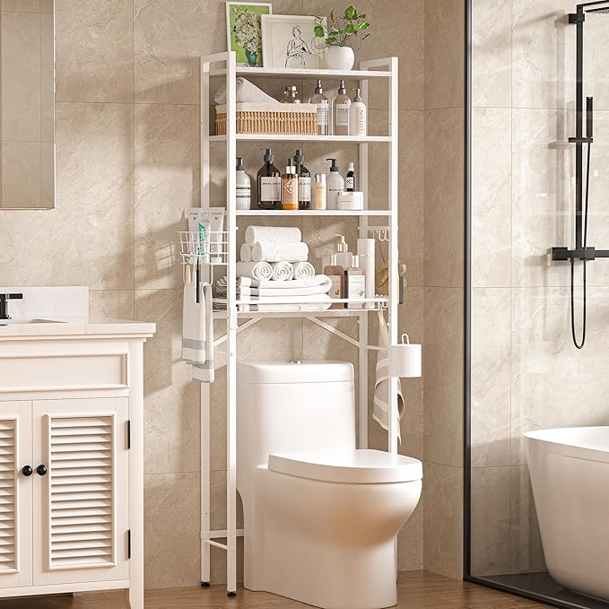 TETOTE Over-The-Toilet Storage Rack, 4-Tier Bathroom Organizer Shelf Over Toilet with Adjustable Shelf and Basket, Freestanding Space Saver Bathroom Shelves Above Toilet for Room(White)