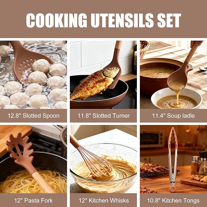 RAXCO Utensil Sets,18-Piece Silicone Cooking Utensils and Knife Set,Mousse | Dishwasher-Safe Kitchen Utensils,Large Capacity Countertop Organizer for Knives,Utensils,Cutting Board