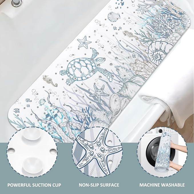 Sea Turtle Bathtub Mat Non Slip, Cute Baby Bath Mat for Tub Rubber Tub Mat, Kids Bath Mats for Bathroom Undersea Anti Slip Shower Mat with Suction and Drain Holes Machine Washable, 40″X16″
