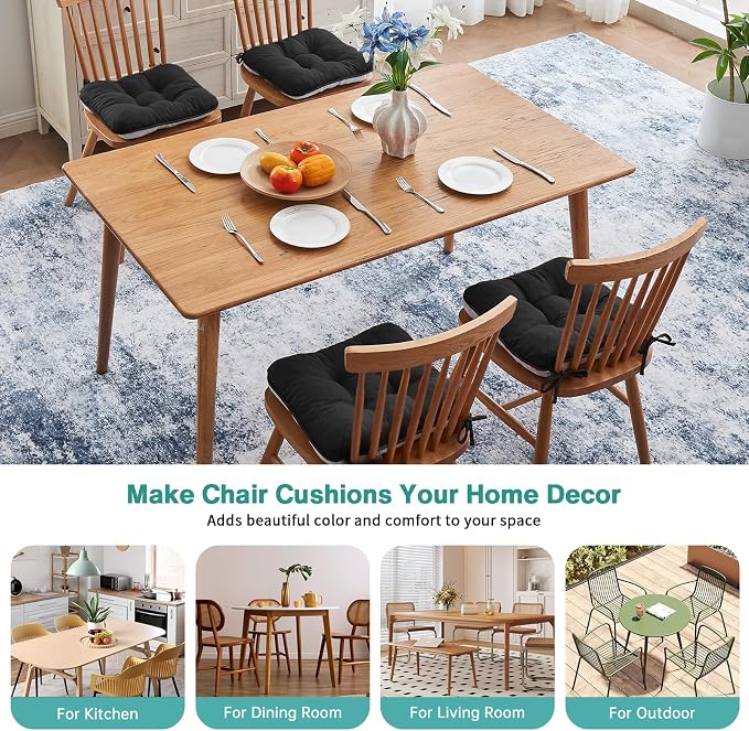 BETU Black Chair Cushions for Dining Chairs Set of 4,3.5" Thick Kitchen Table Chair Pads with Ties,Non Slip Backing and Covers,Seat Cushion for Dining Room,Bar,Patio Chairs,15.5"X15.5"X3.5",Black