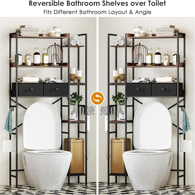 Over The Toilet Storage Shelf with Drawers, 7 Tier Above Toilet Bathroom Organizer Rack with Adjustable Shelves, Space Saver Stand Behind Toilet with Paper Holder & Hooks for Laundry, Brown