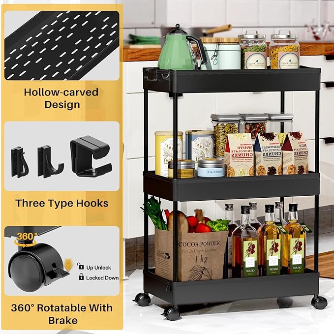 SPACELEAD 3 Tier Rolling Cart with Wheels, Storage Craft Art Trolley Organizer Serving, 3 Hanging Baskets Easy Assembly, for Office, Bathroom，Living Room, Kitchen, Black