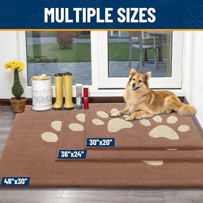 Smiry Dog Door Mat for Muddy Paws, Absorbs Moisture and Dirt, Low-Profile Entryway Mat with Non-Slip Backing, Entry Indoor Outdoor Doormat for Inside Floor (40x32 Inches, Camel, Paw)