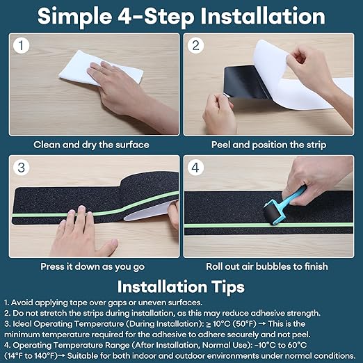 10 Pack 4” x 30” Anti Slip Traction Treads with Glow in The Dark Stripe, Outdoor Waterproof Non Skid Pre-Cut Tape with Roller, High Traction Friction Abrasive Adhesive for Stairs Step