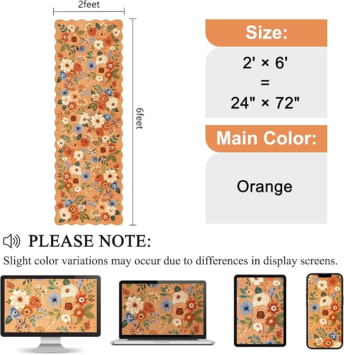 DUKINO 2x6 Runner Rug for Hallway, Washable Kitchen Rug with Non Slip Backing & Non-Shediing, Soft Low Pile Floral Design Runner for Bedroom, Kithchen, Living Room, Laundry, Bathroom, Orange