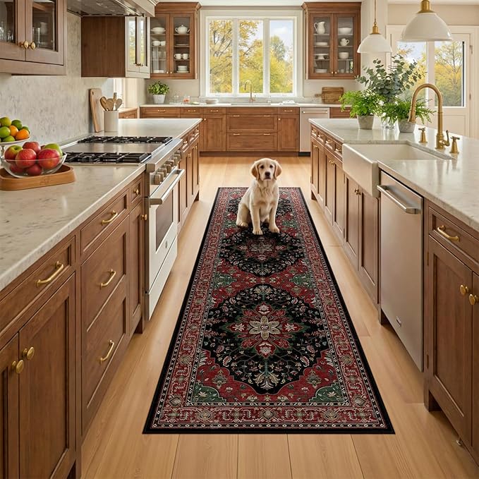 RELEANY Area Rugs Runner 2'6"x8' Washable Non-Slip, Floral Vintage Distress Medallion Carpet for Kitchen Hallway Bedroom Beside Laundry Room Bathroom, Red Black
