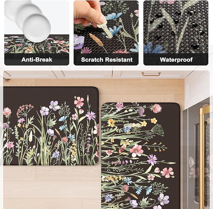 KIMODE Anti Fatigue Kitchen Mats for Floor 2 Piece, Cushioned Farmhouse Kitchen Rugs, Non Slip Kitchen Floor Mats, Comfort Foam Standing Desk Mats for Laundry Office Sink Black 20"x47"+20"x32"