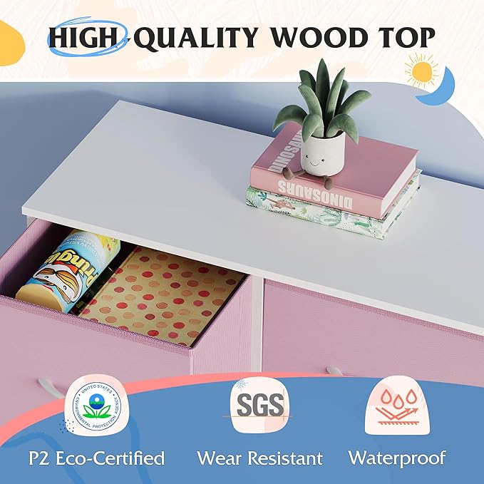 WLIVE 7 Drawer Dresser TV Stand, Entertainment Center, Media Console Table with Metal Frame and Wood Top for TV up to 45 inch, Chest of Drawers for Bedroom, Living Room, A-Pink