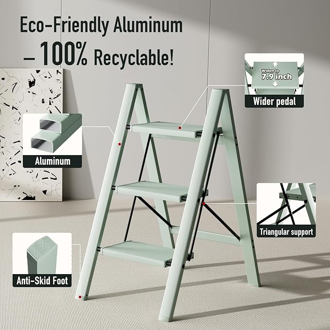 Mayi Plus 3 Step Ladder,Aluminum Folding Step Stool for Adults,Step Ladder with Wide Anti-Slip Pedal,330 lbs Capacity for Home,Office,Kitchen,Library(Green)