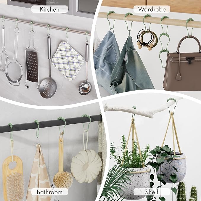 Amazer Shower Curtain Hooks, Decorative Shower Curtain Hooks, Sage Green Rustproof Stainless Steel Shower Hooks for Shower Curtain Liner Shower Rod Hook 12pcs
