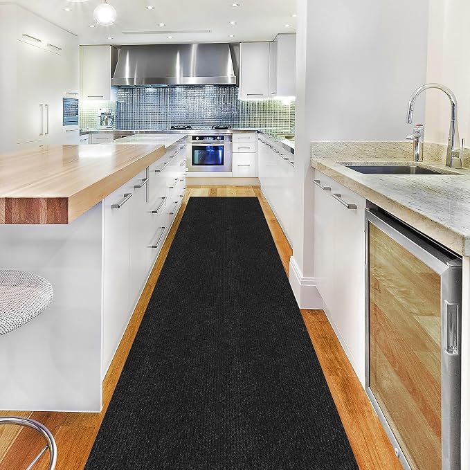 Ottomanson 2'7" x 55' Hallway Runner with Scraper Pile - Extra Durable Non-Slip Rug Mat for Indoor & Outdoor Use - Ideal for Kitchen, Entryway & Garage - High-Traffic Carpet, Black