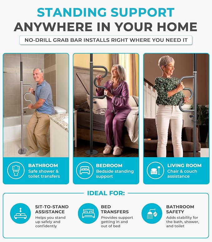 Stander Wonder Pole Plus with Rotating Double Grab Bar, Tension Mounted Security Pole for Seniors & Elderly Adults, No-Drill Floor to Ceiling Transfer Pole for Home & Bath Safety, Graphite