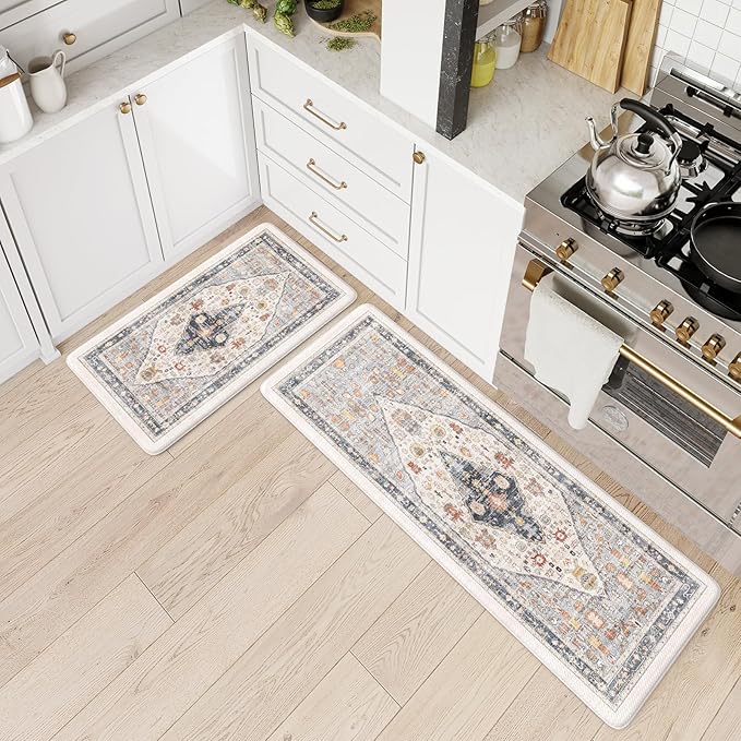 Collive Boho Kitchen Mats for Floor 2 PCS, Cushioned Anti Fatigue Kitchen Floor Mat Non-Skid Waterproof Sink Rug, Blue/Multi Comfort Standing Desk Mat for Office, Home, 17.3"x29"+17.3"x47"