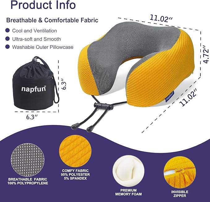napfun Neck Pillow for Traveling, Upgraded Travel Neck Pillow for Airplane 100% Pure Memory Foam Travel Pillow for Flight Headrest Sleep, Portable Plane Accessories, Yellow