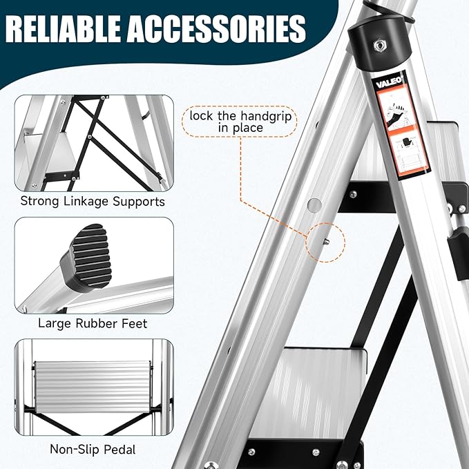 Valeo Aluminium 3 Step Ladder with Retractable Handgrip,Anti-Slip Pedal,330 lbs Capacity,Folding Step Stool for Kitchen, Garage, Home, Space Saving, Sturdy and Portable, Silver