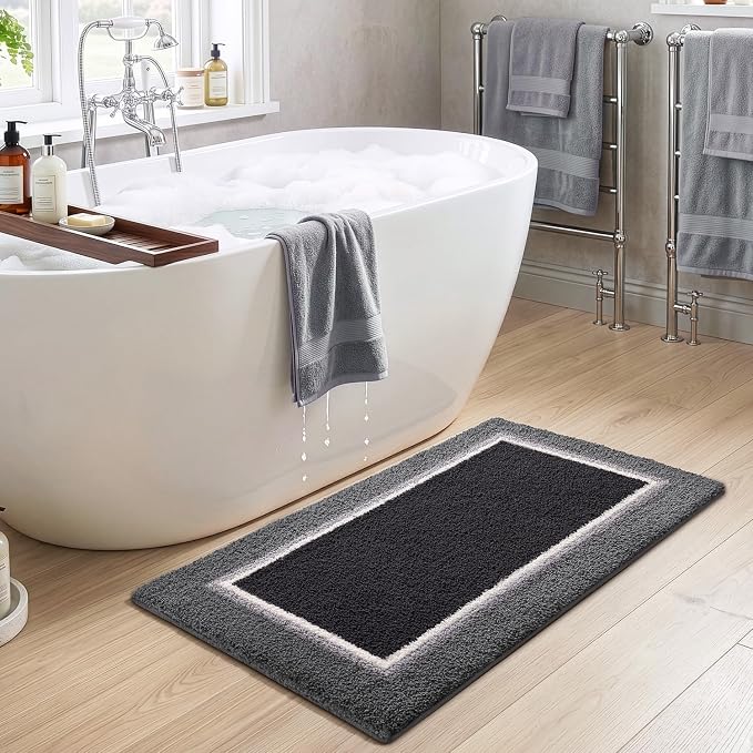 DEXI Bathroom Rugs 43x24, Absorbent Extra Soft Plush Microfiber Bath Mat for Bathroom, Non Slip Washable Bathmat Quick Dry for Shower Floor, Sink, Tub, Laundry Room, Black and Grey